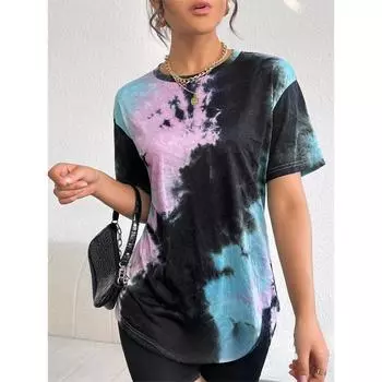 Новая стильная футболка Tie-Dye Drop, цветная летняя футболка свободного покроя с круглым вырезом для женщин, тренд Harajuku, короткий рукав, женская уличная одежда, топы XS чёрный