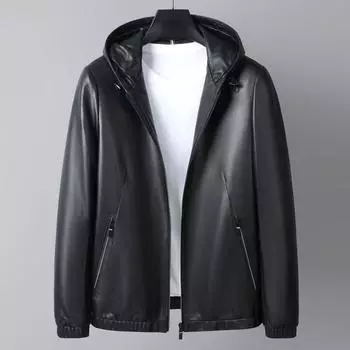 Новая стильная куртка из овчины, мужская модная повседневная кожаная куртка с капюшоном, пальто из натуральной кожи, кожаная куртка L
