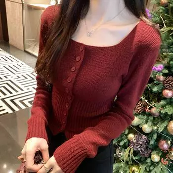 Новая стильная рубашка-низ для женщин, французский осенне-зимний укороченный внутренний свитер с квадратным воротником, высококачественный трикотажный свитер с длинными рукавами S