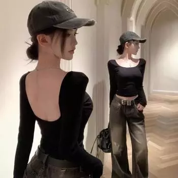 Новая стильная сексуальная красотка с большой лямкой через шею, накладная на грудь, с длинными рукавами, облегающая футболка для женщин с U-образным вырезом, облегающая рубашка для женщин One size