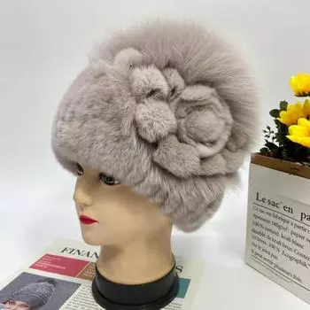 Новая стильная шапка из меха кролика Рекс, женская зимняя вязаная пушистая уличная снежная шапка с натуральным цветочным принтом в полоску, женская теплая шапочка из натурального лисьего меха One Size(55-59cm)