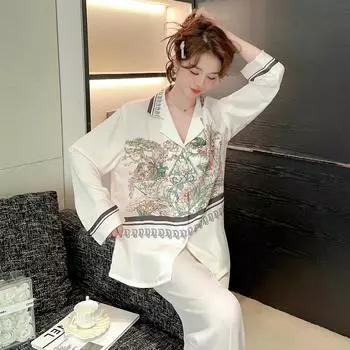 Новая стильная шелковая пижама с принтом морщин для женщин, шелковая двухсекционная летняя домашняя одежда с длинными рукавами M