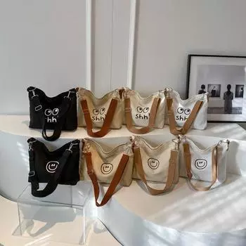 Новая сумка через плечо из холста с принтом смайликов, простая модная сумка-мессенджер с текстурой, маленькая квадратная сумка для шопинга