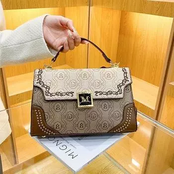 Новая сумка через плечо с цветочным принтом для девочек с буквами, ретро-геометрическим принтом, подростковая, модная, с широким ремнем на плечо, женская, маленькая, квадратная хаки