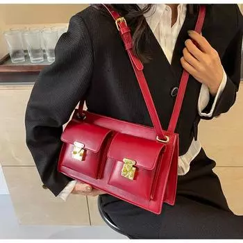 Новая сумка через плечо с двумя карманами для женщин, уникальный дизайн, ретро-замок, пряжка, однотонная, из искусственной кожи, трендовая сумка через плечо