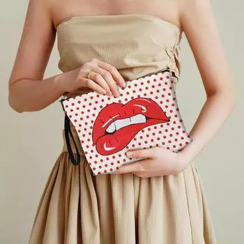 Новая сумка для хранения с принтом губ в горошек, плетеный ремешок для хранения туалетных принадлежностей, женская портативная косметичка 17 * 25cm красный