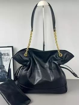 Новая сумка из воловьей кожи с сетчатой цепочкой и верхним слоем, большая вместительная сумка через плечо, женская сумка для путешествий, ощущение высокого класса 40x9x34cm чёрный