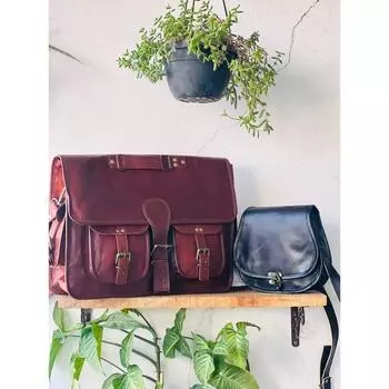 Новая сумка-мессенджер из козьей кожи через плечо, коричневая сумка ручной работы из козьей кожи ( Бесплатная черная сумка-слинг, размер - 9 x 7 x 3 дюйма ) 11 x 9 x 3 in коричневый