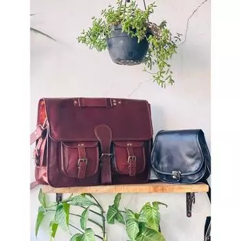 Новая сумка-мессенджер из козьей кожи через плечо, коричневая сумка ручной работы из козьей кожи ( Бесплатная черная сумка-слинг, размер - 9 x 7 x 3 дюйма ) 11 x 9 x 3 in коричневый