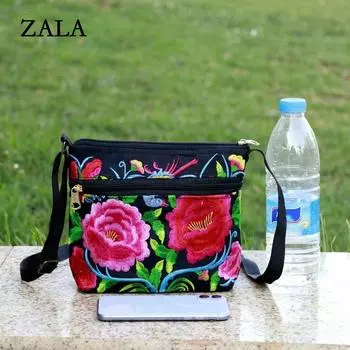 Новая сумка с вышивкой в этническом стиле, женская сумка через плечо на трех молниях, маленькие сумки для женщин, повседневные холщовые дорожные сумки 18x6x17cm красный