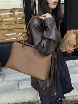 Новая сумка-тоут из кожи, женская мода, ретро-портфель, кожаная сумка подмышкой, большая вместимость, сумка на плечо для поездок на работу 27x10x17cm чёрный