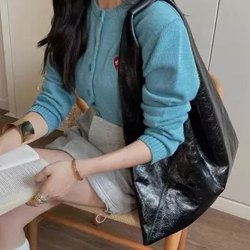 Новая сумка-тоут из многослойной кожи с треугольным плетением Baotou, большая вместительная сумка, женская сумка на одно плечо, подмышечная сумка, кожа с масляным воском, Niche 39x5x44cm чёрный