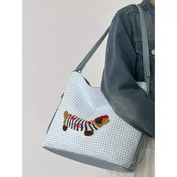 Новая сумка-тоут в клетку с изображением таксы и милого щенка, рюкзак с вышивкой, большая вместимость, сумка через плечо синий