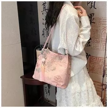 Новая сумка в китайском стиле в стиле ретро, новые модели, шелковая жаккардовая модная минималистская сумка, одно плечо, диагональная крестообразная женская сумка розовый