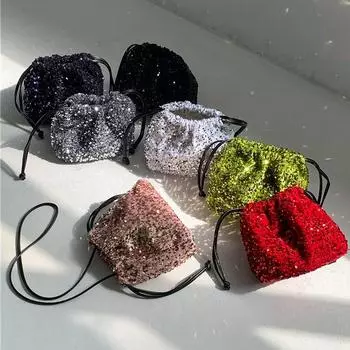 Новая сумка-ведро с женской завязкой, плиссированная, мягкая, ручная сумка через плечо, цветная сумка с пайетками, новинка 2024 года чёрный
