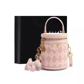 Новая сумка-ведро в клетку с бриллиантами, сумка-цилиндр для пожилых людей, сумка через плечо, сумка через плечо, подарок на день рождения, диаметр 11,5 см, высота 16 см розовый