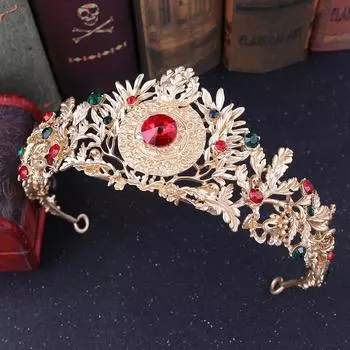 Новая свадебная тиара в европейском стиле, в форме листа, в стиле барокко, золотая, ретро, свадебная корона с красными бриллиантами
