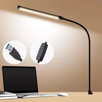 Новая светодиодная настольная лампа с зажимом, Eye-Caring Clip-on Lights Office, 3 режима, 10 уровней яркости, длинная гибкая гусиная ножка, металл белый