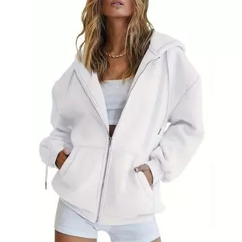 Новая свободная флисовая толстовка с капюшоном на молнии, длинный рукав, кардиган, женская куртка, осень-зима, большие размеры, карманы, уличная одежда, однотонная одежда 1904 S белый