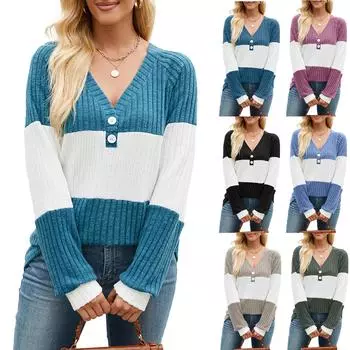 Новая свободная футболка с длинными рукавами и V-образным вырезом, контрастная застежка на пуговицы для женщин S чёрный