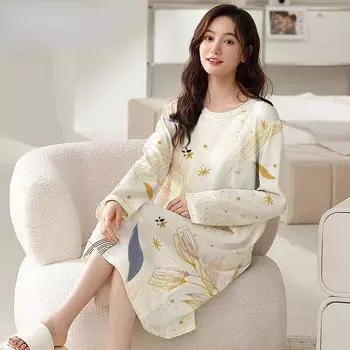 Новая свободная повседневная пижама-пуловер для женщин, весна и осень, ночная рубашка из чистого хлопка с длинными рукавами для подростков M