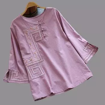 Новая свободная рубашка большого размера, женская хлопковая льняная блузка, блузка с круглым вырезом и вышивкой S розовый