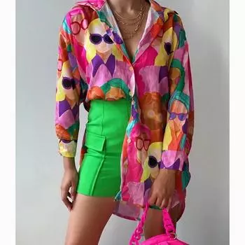 Новая свободная рубашка с длинным рукавом с принтом, женские топы с отложным воротником больших размеров, повседневная блузка, женская модная элегантная офисная рубашка на пуговицах 24043 S синий