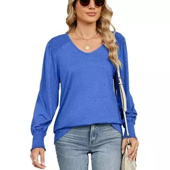 Новая свободная женская футболка с V-образным вырезом и рукавами-фонариками, свободная плиссированная футболка S синий
