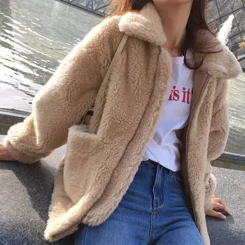 Новая свободная женская зимняя шерстяная куртка-кардиган из овечьей шерсти с квадратным вырезом на молнии и искусственным мехом S белый