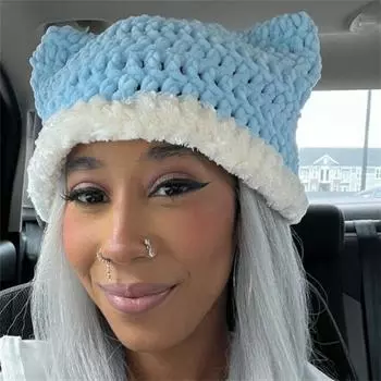 Новая связанная крючком кошачья маска ручной работы с ушками и рогами для лыж, модная шапка-пуловер для взрослых Adult 57-59cm