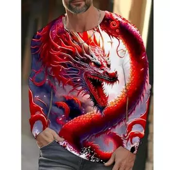 Новая тенденция, уличный стиль, высокая скорость вращения, крутая футболка с изображением дракона и 3D принтом, теплая модная повседневная мужская футболка с длинным рукавом и круглым вырезом S