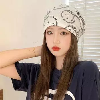 Новая тенденция, женская шляпа Харадзюку, летняя кепка с принтом, корейский стиль, уличная одежда, шляпа в стиле хип-хоп, дизайнерская осенняя бандана с принтом смайлика для девочек, клубный стиль 56-58cm белый