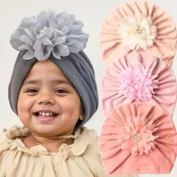 Новая теплая детская шапка без косточек на осень/зиму – европейский и американский стиль, однотонная с цветочным узором