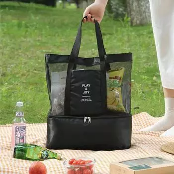 Новая термоизоляционная сумка, ручная сумка для обеда, полезная сумка на плечо, сумка-холодильник для пикника, сетчатая пляжная сумка-тоут для хранения еды и напитков