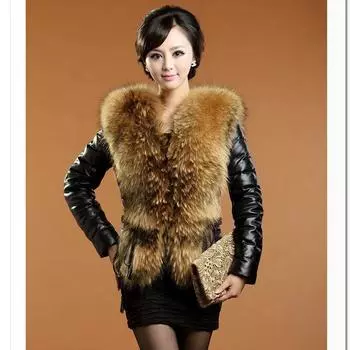 Новая термокожаная куртка Haining, куртка из хлопкового пуха, воротник из искусственного меха енота, короткая утолщенная кожаная куртка, женская облегающая и тонкая L чёрный