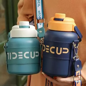 Новая термокружка из нержавеющей стали большой емкости с кожаным чехлом, переносная ручка, чайник для живота, школьная вакуумная изоляция, поильник 900ML