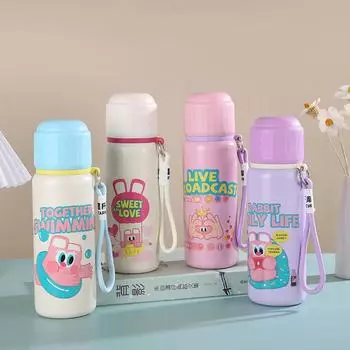 Новая термокружка из нержавеющей стали с изображением кролика в виде тоста и милого граффити, двойная кружка для питья Dopamine с канатным подъемником, детская кружка для воды 550ml