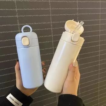 Новая термокружка из нержавеющей стали с откидным чехлом, мини-двойная вакуумная прямая чашка, симпатичная простая чашка с горошком 300ml