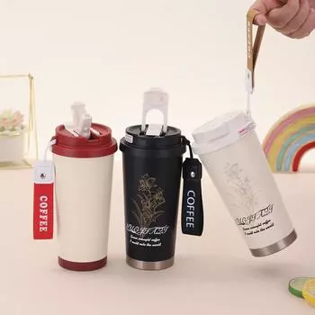 Новая термокружка из нержавеющей стали, внешний вид, колокольчик, цветок, портативная двойная кофейная кружка, большая емкость, трубочка 500ml