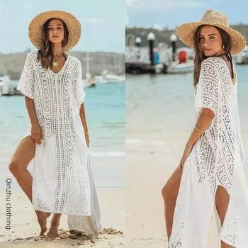 Новая тканая пляжная юбка с разрезами по бокам - сексуальная, прозрачная защита от солнца в бикини Medium белый