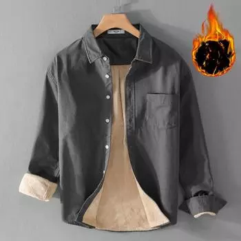 Новая толстая и флисовая мужская рубашка, повседневная и простая, с чистым хлопком, теплая молодежная рубашка M светло-серый