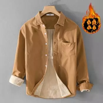 Новая толстая и флисовая мужская рубашка, повседневная и простая, с чистым хлопком, теплая молодежная рубашка M хаки