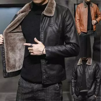 Новая толстая кожаная куртка, мужская зимняя и осенняя мужская куртка, модная ветрозащитная теплая куртка, мужская мотоциклетная куртка, куртка-бомбер с отворотом M чёрный