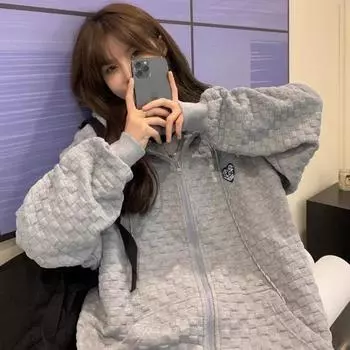 Новая толстовка High Street Hi-Hop Waffle Love для женщин, весна и осень, свободная, ленивый стиль, тонкая студенческая куртка большого размера M