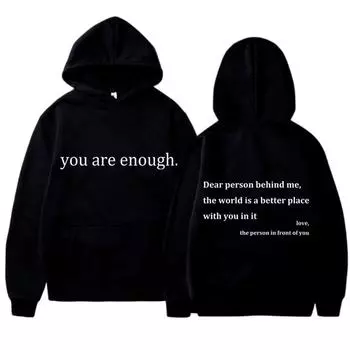 Новая толстовка с капюшоном YOU ARE ENOUGH Print, осенняя повседневная спортивная одежда, плюс флисовые эластичные топы, пуловеры, мужские толстовки с капюшоном, уличная одежда, свитшоты XS чёрный