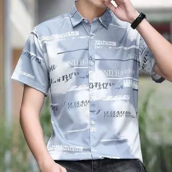 Новая тонкая секция летней рубашки из ледяного шелка с короткими рукавами, мужская тенденция, повседневная универсальная рубашка с половиной рукавов и неутюжным принтом M