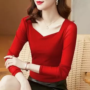 Новая тонкая сетчатая нижняя рубашка, женские футболки с v-образным вырезом и длинными рукавами, однотонные пуловеры XXXL красный