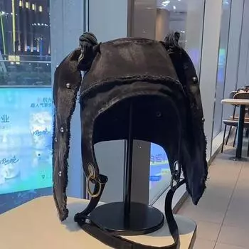 Новая тяжелая промышленность потертый деним заусенцы повязка для волос шляпа кроличьи ушки заклепки летающая шляпа сумка мессенджер модный тренд M56-58cm чёрный