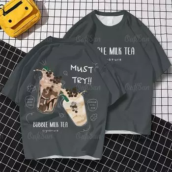 Новая трендовая футболка, модные топы, 3d-принт, чай с молоком, мужская футболка с короткими рукавами, уличная уличная свободная одежда большого размера 5XL
