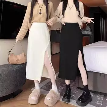 Новая трикотажная юбка с кисточками и эластичной талией, женская, с боковым разрезом, однотонная, средней и длинной длины, женская трикотажная юбка One size